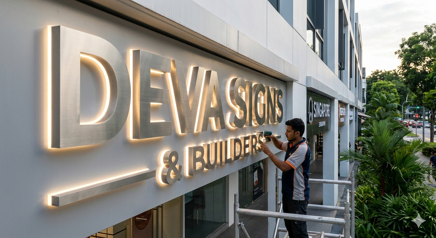 Technician installing a 3D lighted sign